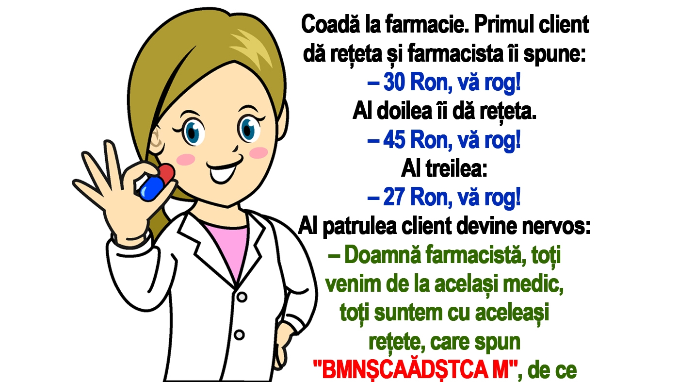 BANC | "Doamna farmacistă, mi-a scris medicul pe rețetă: BMNȘCAĂDȘTCA M. Ce înseamnă?"