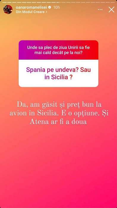 Oana Roman le-a cerut fanilor părere despre destinația pe care să o aleagă pentru vacanță (Sursă: Instagram)