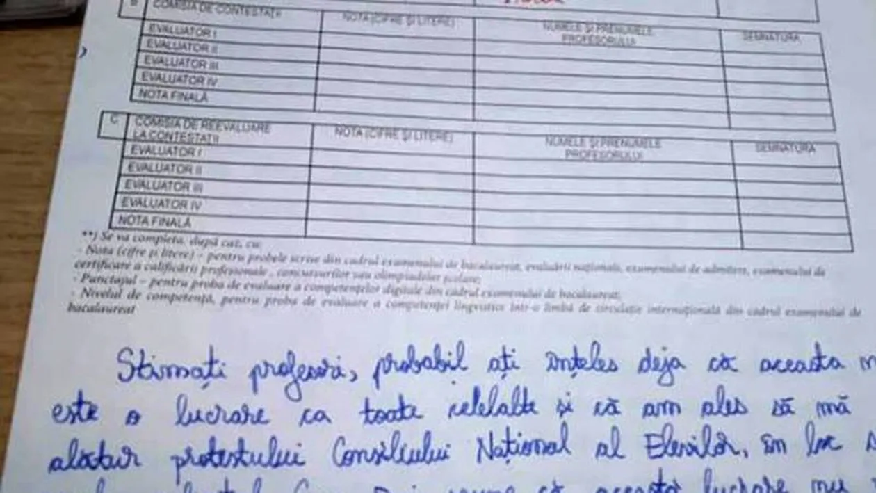 O elevă a luat nota 1 la Simulare la Bacalaurat 2019. Incredibil ce a scris pe foaie: Stimați profesori, probabil ați înțeles deja că..