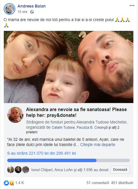 Andreea Bălan imploră pentru salvarea unei tinere mame: “Are nevoie de noi, toți, pentru a trăi și a-și crește puiul”