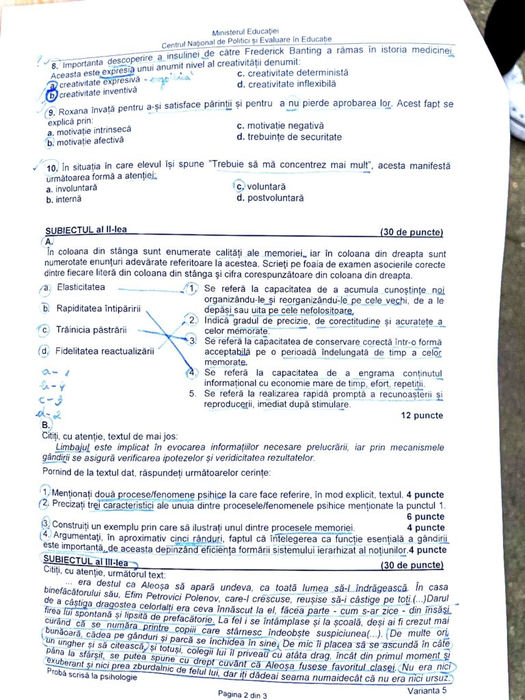Subiectele la Psihologie (partea II)