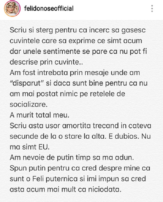 Mesajul sfâşietor al lui Feli, după ce i-a murit tatăl: „De câteva zile mă caut şi nu mă găsesc. Nu mă simt eu”. Ce se întâmplă cu cântăreaţa în aceste momente