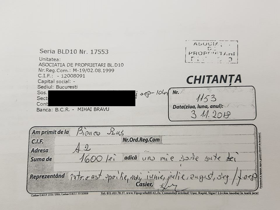Chitanțele de la întreținere sunt tot pe numele Biancăi