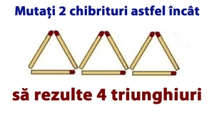 Testul IQ care îți spune dacă ești inteligent sau nu: Mutați 2 chibrituri astfel încât să rezulte 4 triunghiuri