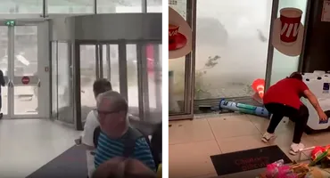 Imagini de GROAZĂ dintr-o clădire de birouri și o benzinărie din București, în timpul furtunii devastatoare! Doar în filme vezi așa ceva
