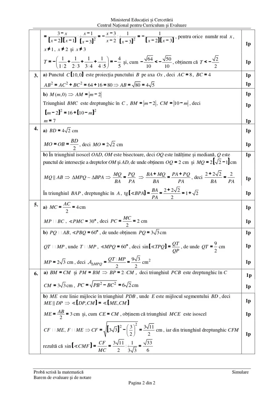 Baremul de corectare al exercițiilor de la simularea Evaluării Nationalle la Matematica 2026. Sursa foto: Ministerul Educației și Cercetării