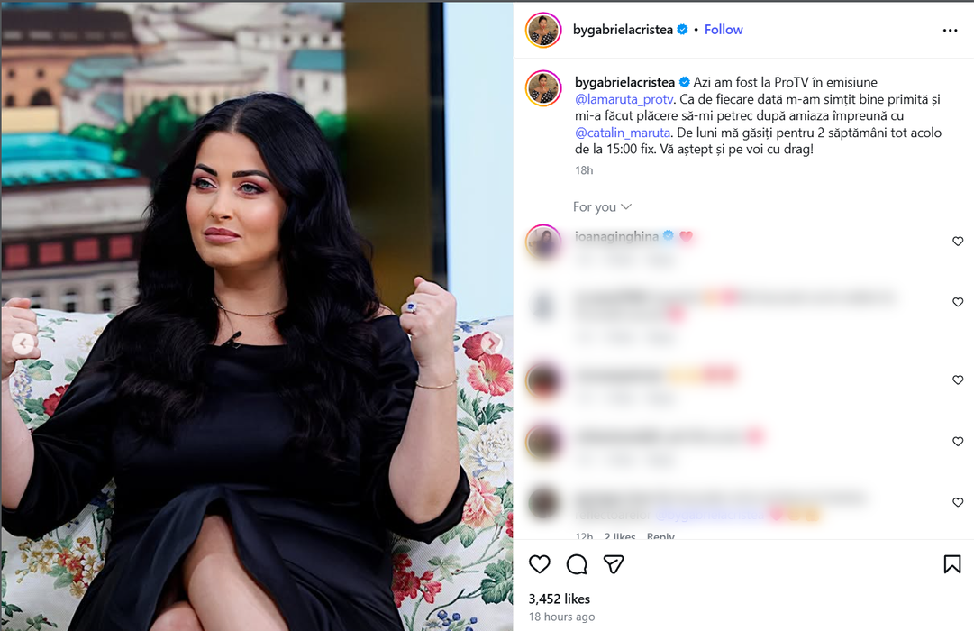 Postarea făcută de Gabriela Cristea pe Instagram