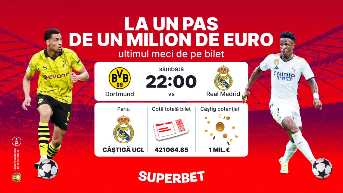 (P) Real Madrid - Dortmund îi poate aduce un milion de euro unui parior Superbet! Vezi biletul fabulos, de cotă 421064.85