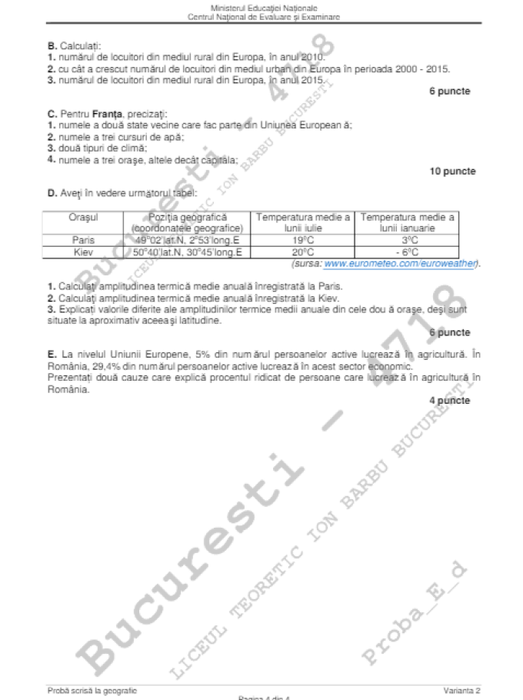 Subiecte si barem la geografie, la Bacalaureat 2018