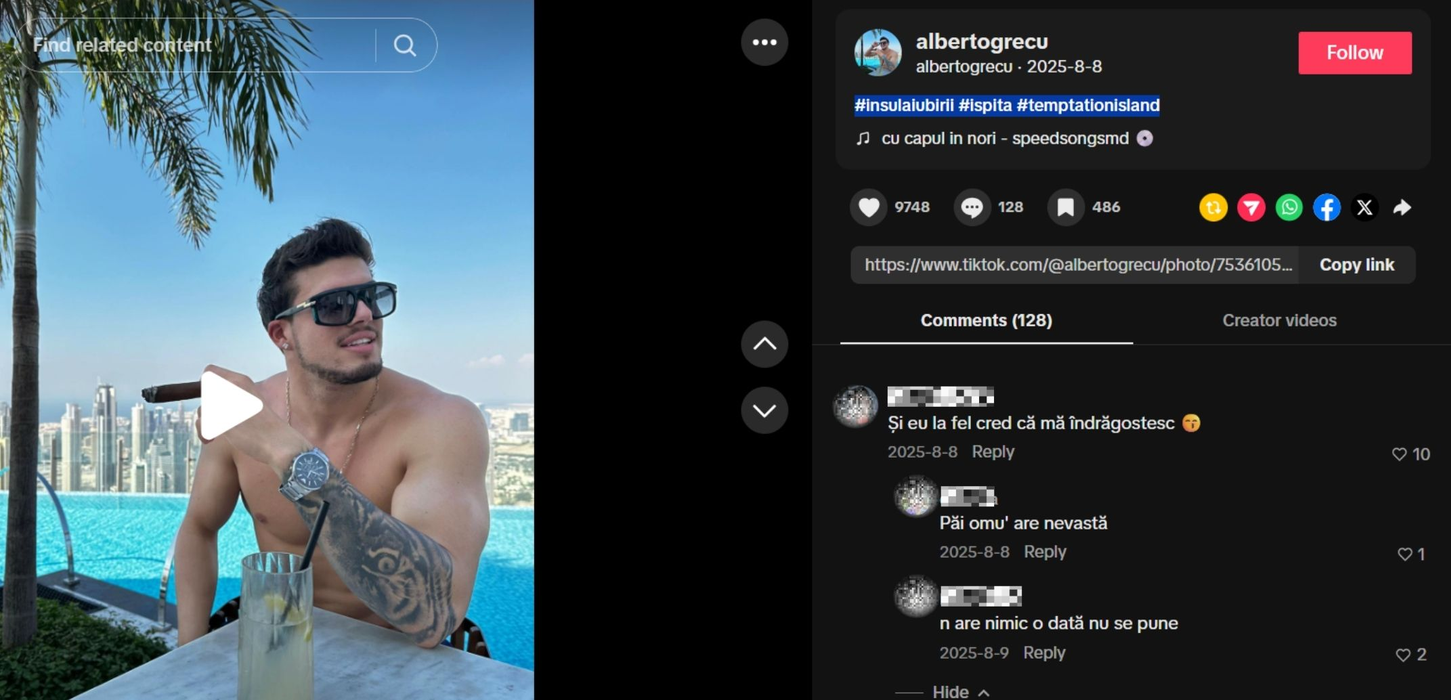 Alberto Grecu de la Insula Iubirii 2026 este însurat? Sursa foto: captură TikTok