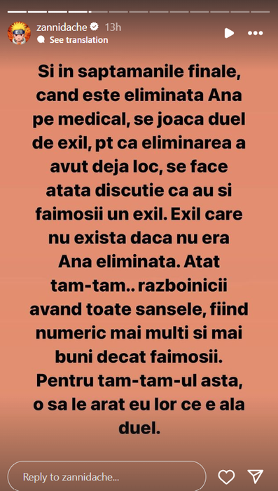 Postarea făcută de Zanni / Foto: Instagram