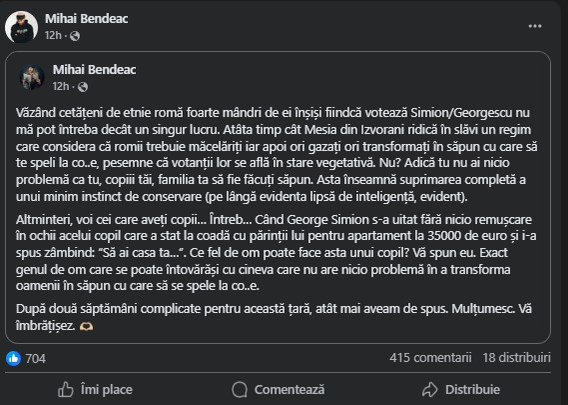 Mesajul publicat de Mihai Bendeac. Sursa foto: captură Facebook