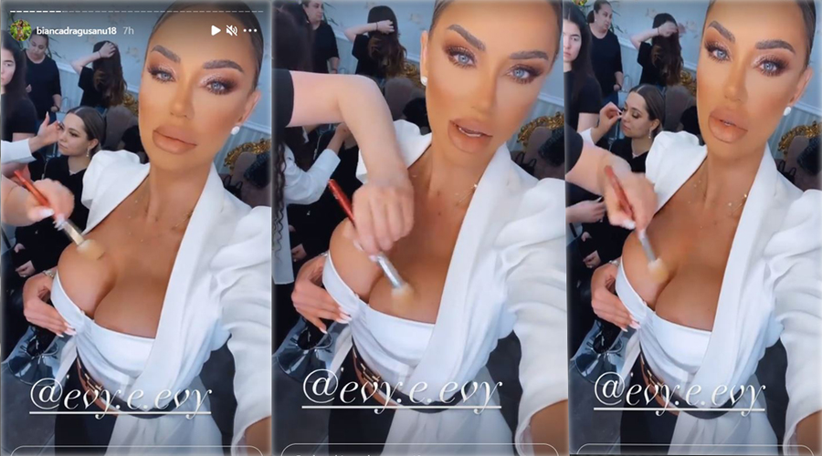 Biancăi Drăgușanu “i-a evadat” sânul stâng din corsetul alb în timp ce era dată cu pudră în zona decolteului © Instagram Stories