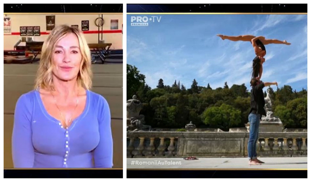 Nadia Comăneci, apariție surpriză în finala de la “Românii au talent” când le-a transmis foștilor ei sportivi, Ludivine Furnon și Nicolas Besnard, mult succes © Pro TV