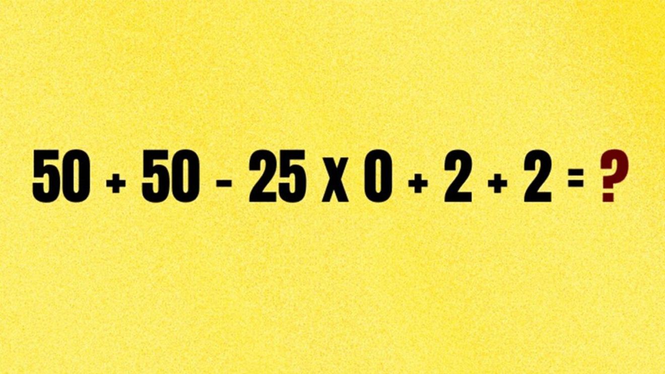 Test de inteligență pentru matematicieni | Calculați: 50 + 50 - 25 x 0 + 2 + 2 = ?