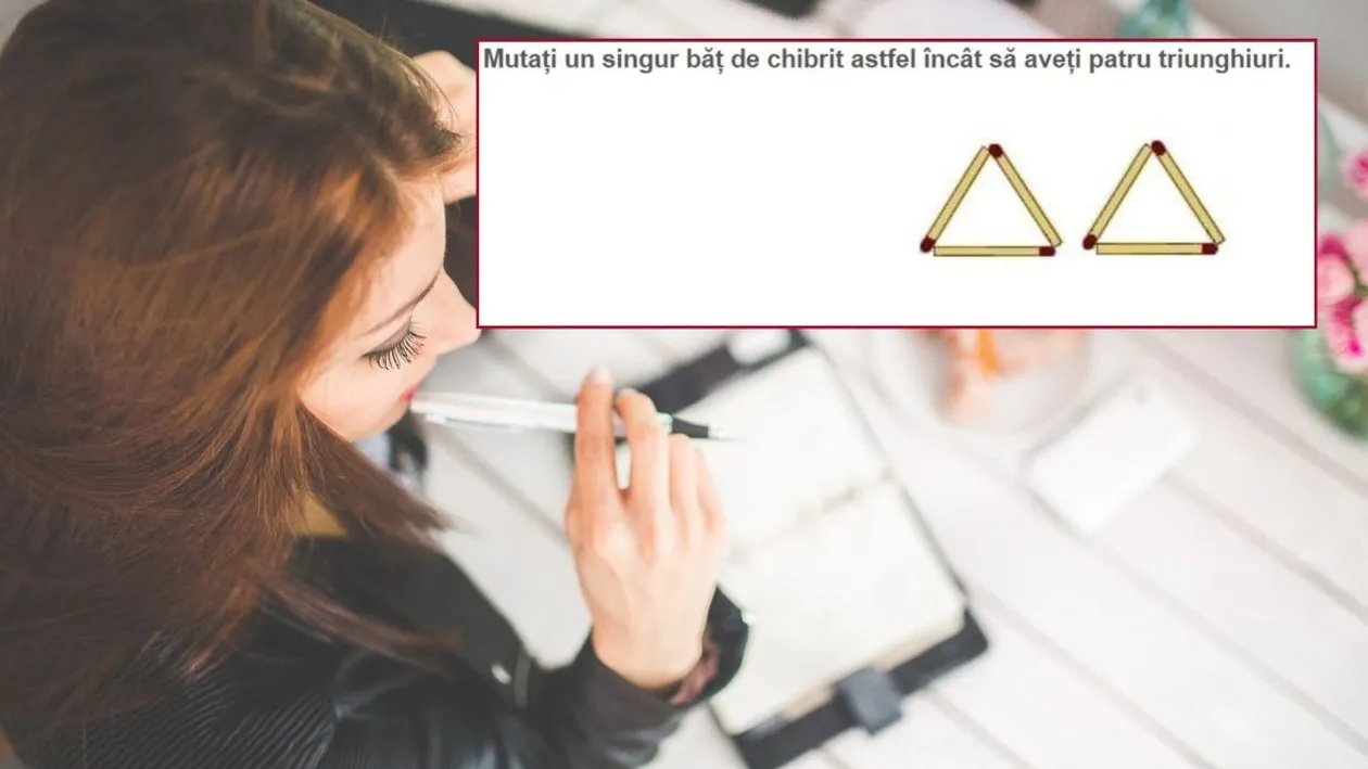 TEST IQ cu beţe de chibrit. Mută un singur băţ pentru a obţine patru triunghiuri. Şmecheria de care se vor prinde doar cei mai inteligenţi