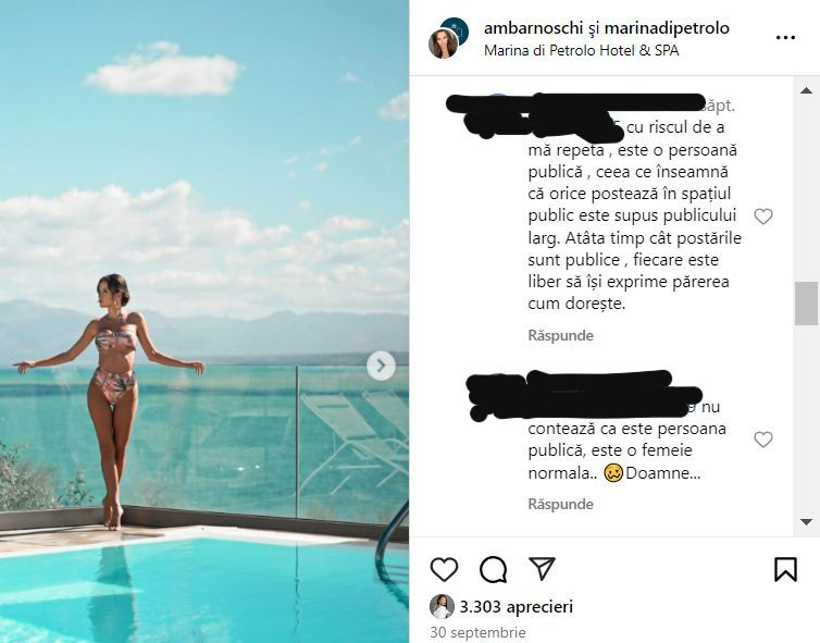 Ana Maria Barnoschi, taxată aspru pentru apariția la piscină. Un fan, nemulțumit de câte vergeturi are
