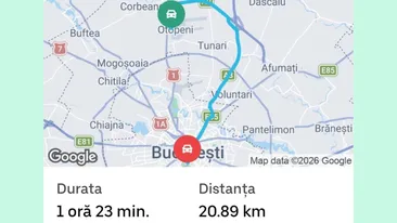 Câți lei a plătit un client Uber, pentru o cursă de 1 oră și 23 de minute, din București la aeroportul Otopeni