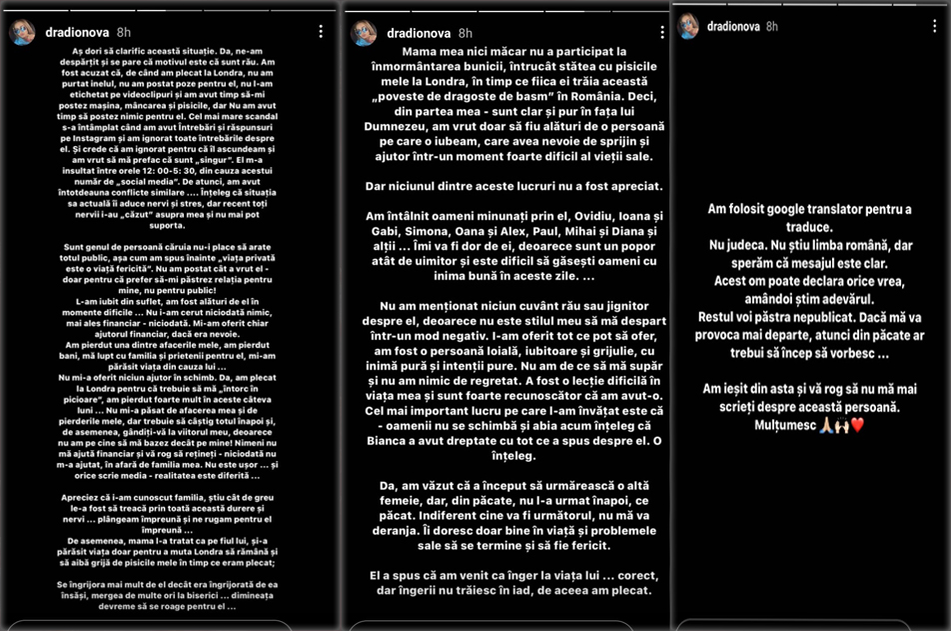 Acestea sunt primele declarații făcute de Daria Radionova după ce Alex Bodi a vorbit în exclusivitate pentru CANCAN.RO despre despărțirea lor și discuțiile pe care le-ar fi avut din cauza actriței Mădălina Ghenea © Instagram Stories