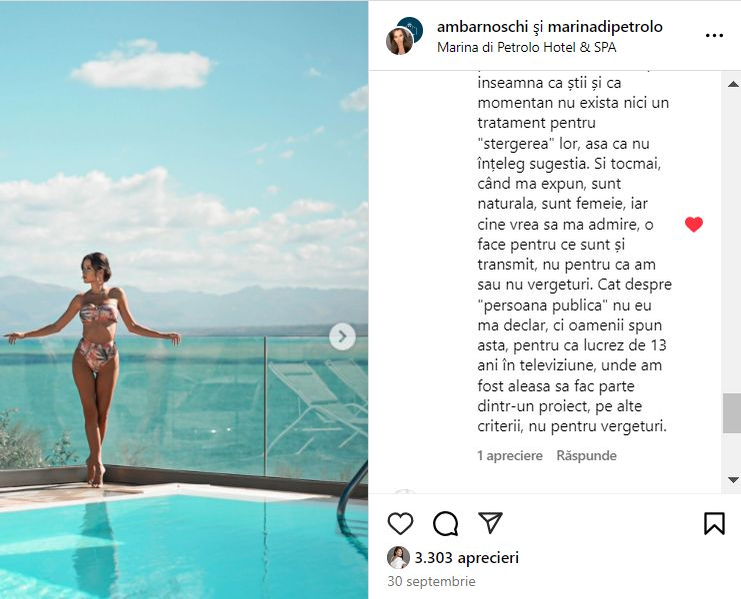 Ana Maria Barnoschi, taxată aspru pentru apariția la piscină. Un fan, nemulțumit de câte vergeturi are