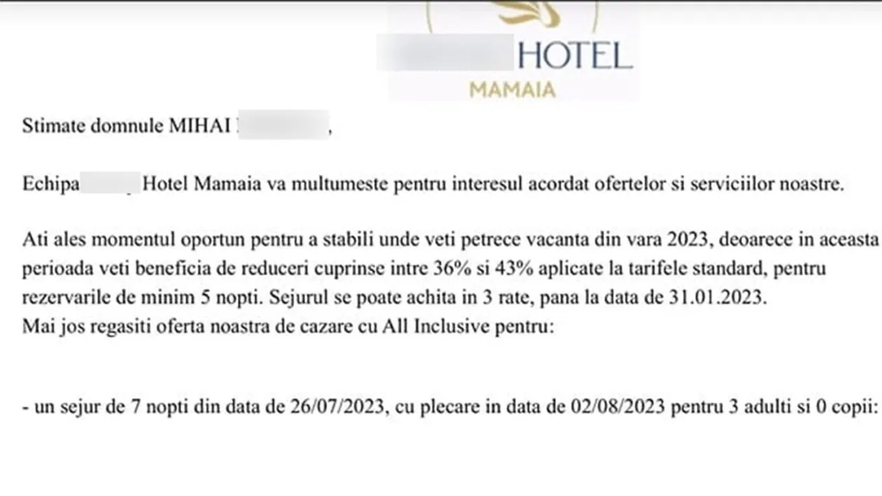 Mihai din Ploiești a solicitat o ofertă pentru un sejur în iulie 2023, într-un hotel din Mamaia. Ireal câți lei i s-au cerut pentru 7 nopți de cazare