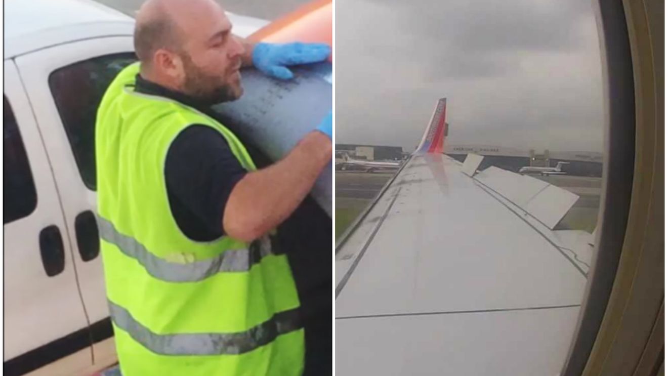 A filmat un moment şocant, chiar înainte ca avionul să decoleze! Ce făcea de fapt un tehnician care fusese chemat să repare motorul