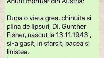 BANC | Anunț mortuar în Austria: După o viață grea, chinuită și plină de lipsuri, domnul Gunther Fisher..