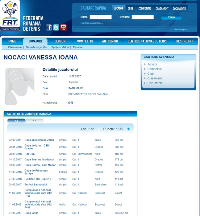 Fișa Vanessei, de la Federația Română de Tenis