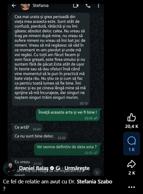 Ce mesaje i-a trimis medicul Ștefania Szabo lui Daniel Balaș. Fostul preot le-a făcut publice: „Nu sunt bine deloc”