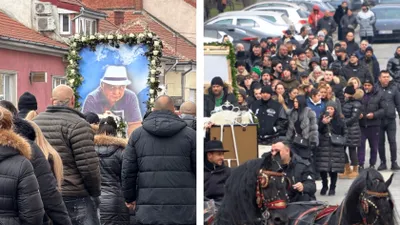 Înmormântarea cu alai a unui important lider interlop din Oradea. Sicriul și coroanele de flori, trase de cai