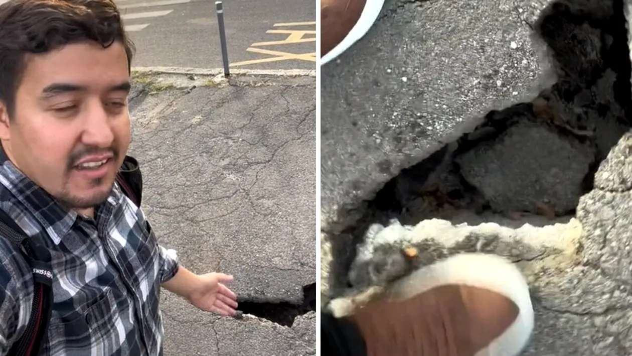 Reacția ilară a unui american, după ce a văzut o groapă uriașă în asfalt, în București