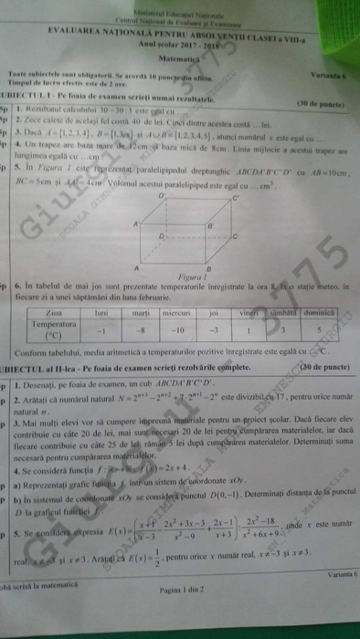 Subiectele de la proba scrisă la matematică de la Evaluarea Naţională