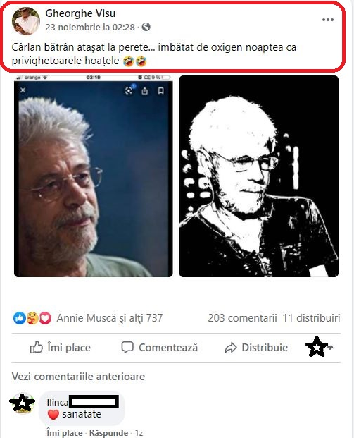 Gheorghe Visu, conectat la aparatul cu oxigen: “Lasă să se înțeleagă că s-a îmbolnăvit de COVID”. Mesajul transmis de celebrul actor