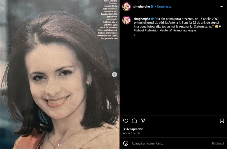 Simona Gherge în 2002 la prima transmisiune TV. Sursă foto: Instagram.