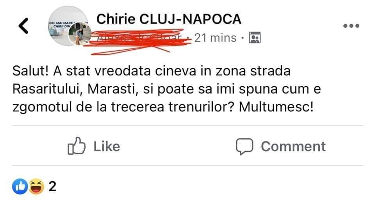 BANC | Chirie Cluj-Napoca: "A stat cineva în zona strada Răsăritului? Cum e zgomotul de la trecerea trenurilor?" Ce răspuns a primit