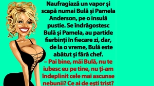 BANC | Naufragiază un vapor și scapă numai Bulă și Pamela Anderson, pe o insulă pustie