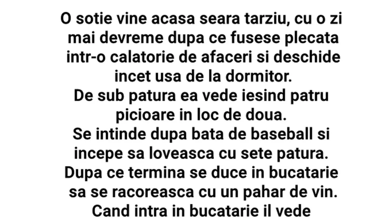 BANC | Soția vine acasă seara târziu, cu o zi mai devreme, după ce fusese plecată într-o călătorie de afaceri