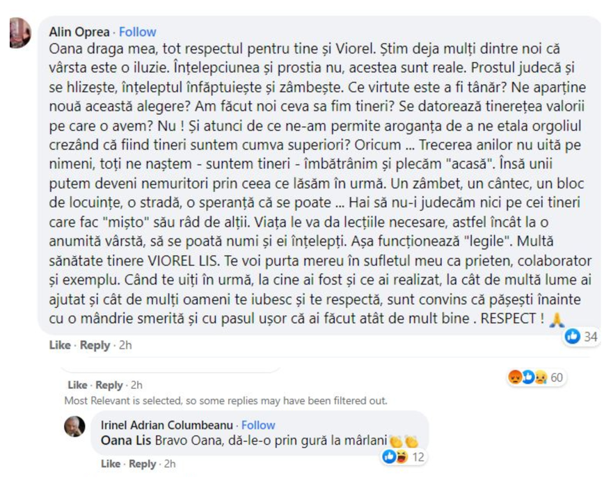 Mesajul Oanei Lis care s-a transformat, rapid, în lecție: ”Pentru unii… Viorel e doar un bătrân”. Ce reacție au avut Irinel Columbeanu și Alin Oprea