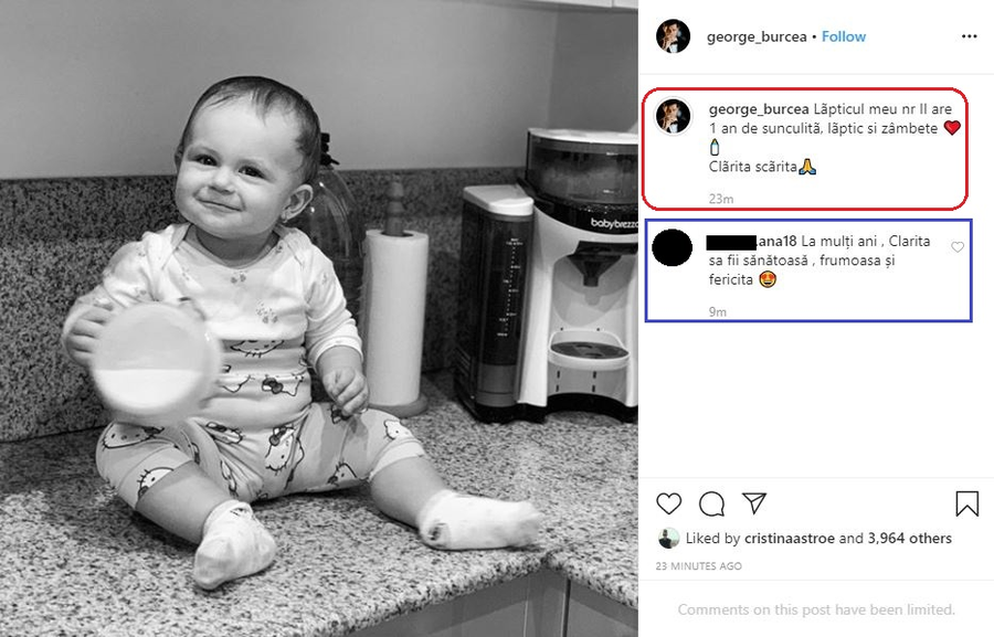Aceasta este a doua urare pe care George Burcea a făcut-o pentru micuța Clara © Instagram