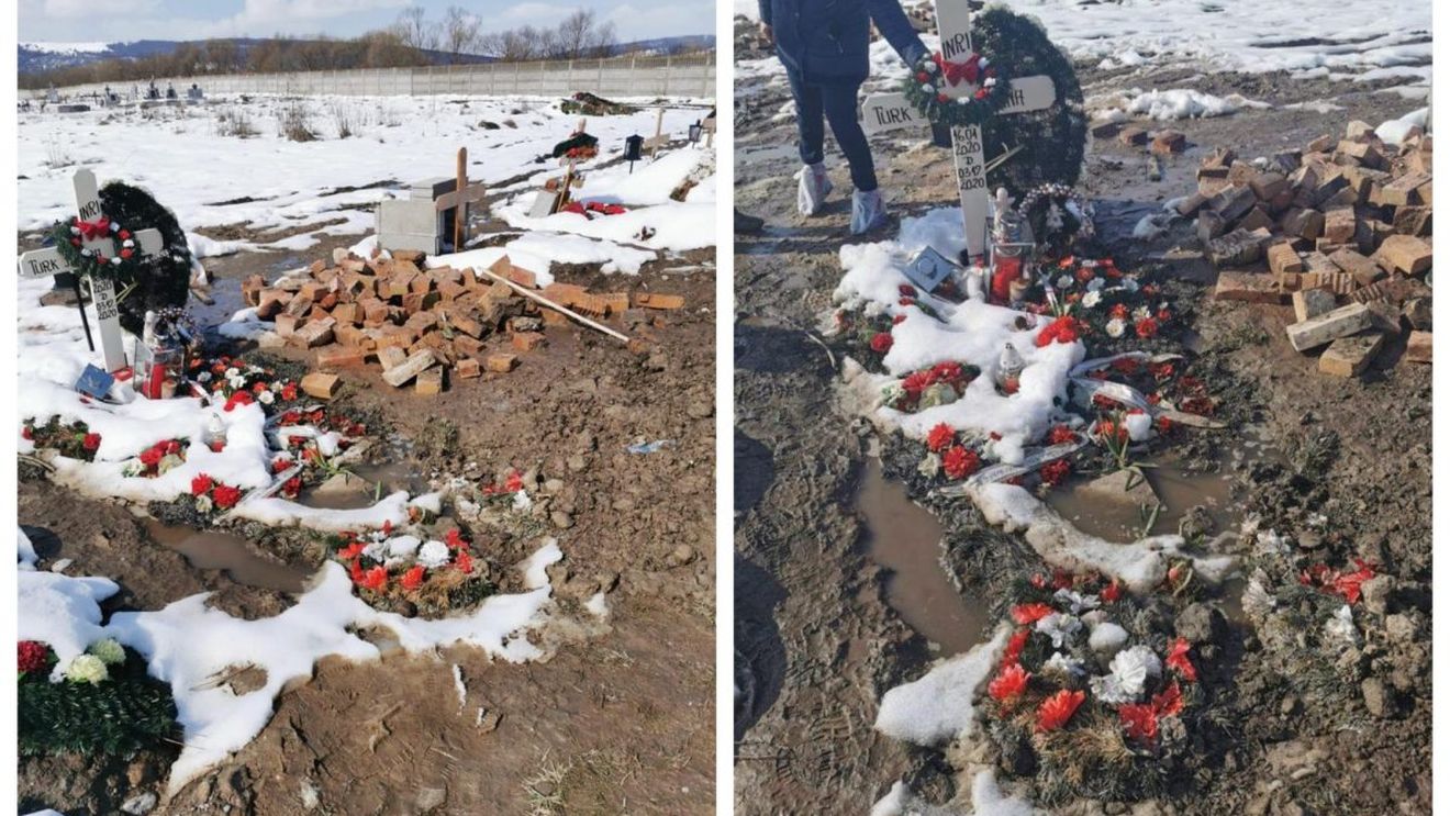 Imagini greu de privit! Mormântul unei fetiţe din Făgăraş, vandalizat în timpul unei petreceri în cimitir. FOTO
