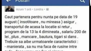 Postarea care a a devenit virală pe Facebook: „Caut parteneră pentru nuntă pe data 19 august”