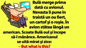 BANC | Bulă merge prima dată cu avionul. Nevasta îi pune în traistă un ou fiert, un cartof şi o roşie
