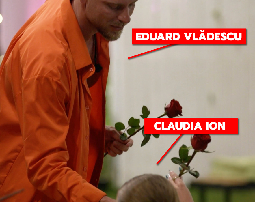 Eduard Vlădescu îi oferă un trandafir Claudiei Ion. Sursa foto: Antena 1