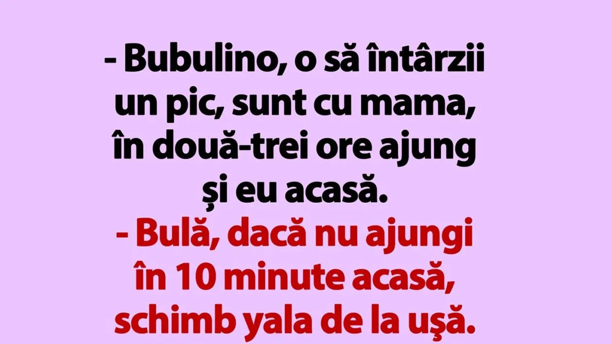 BANC | Bulă, dacă nu ajungi în 10 minute acasă, schimb yala de la uşă