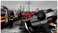 Accident grav pe autostrada București-Pitești. Un autoturism scăpat de sub control s-a izbit de parapet și s-a răsturnat