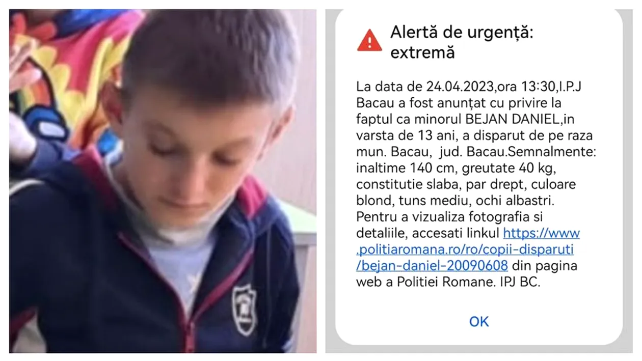 Blejan Daniel, un băiat de 13 ani din Bacău, a dispărut. Cine îl vede este rugat să sune la 112!