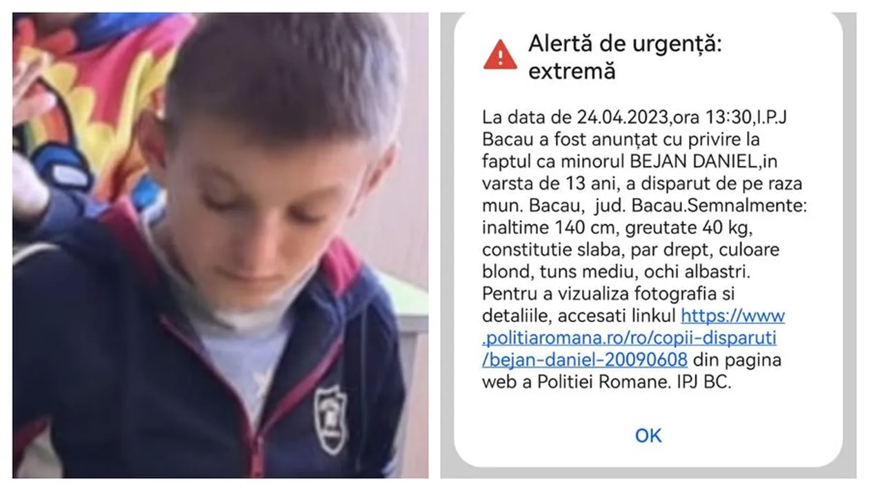 Blejan Daniel, un băiat de 13 ani din Bacău, a dispărut. Cine îl vede este rugat să sune la 112!