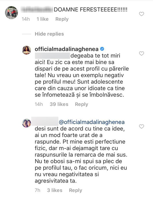Mădălina Ghenea a răbufnit pe rețelele de socializare, după ce o prietenă virtuală i-a spus că are burtă