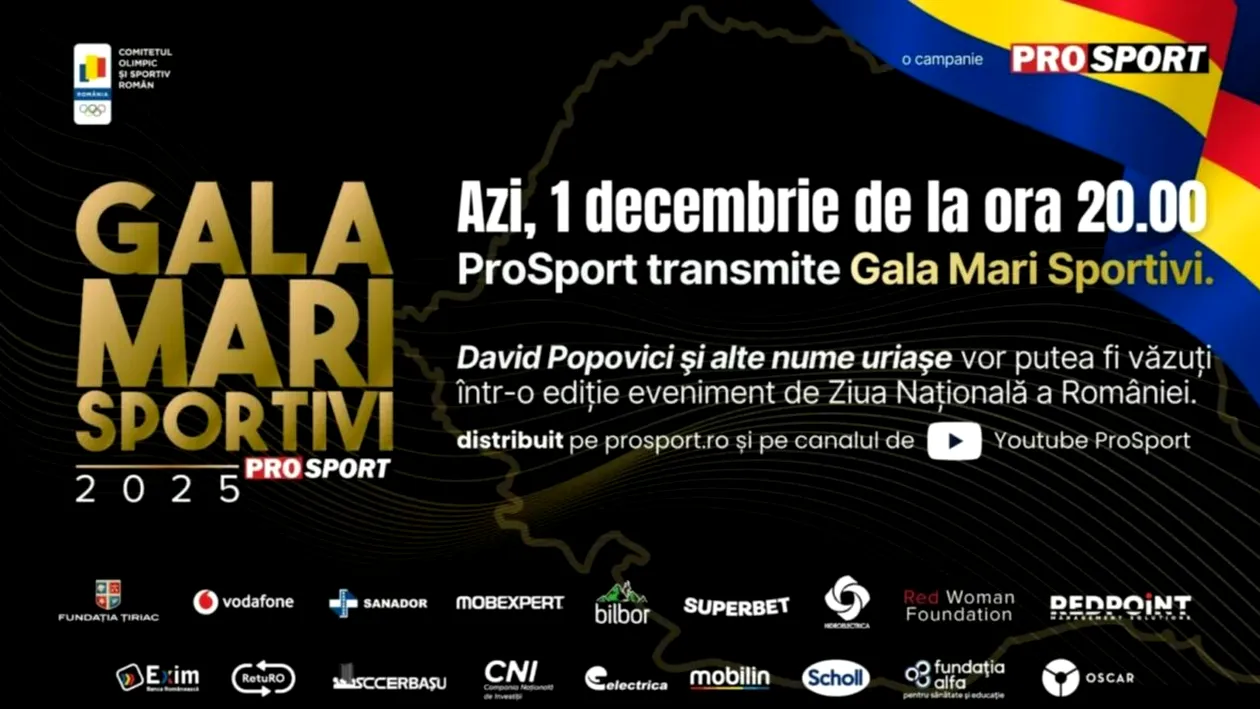 GALA MARI SPORTIVI, transmisă de ProSport de Ziua Națională a României de la ora 20:00. David Popovici şi alte nume uriaşe vor putea fi văzute într-o ediție eveniment de 1 Decembrie