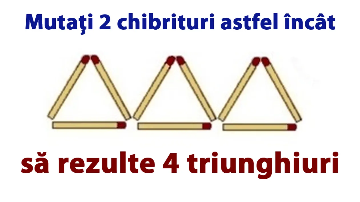 Testul IQ care îți spune dacă ești inteligent sau nu: Mutați 2 chibrituri astfel încât să rezulte 4 triunghiuri